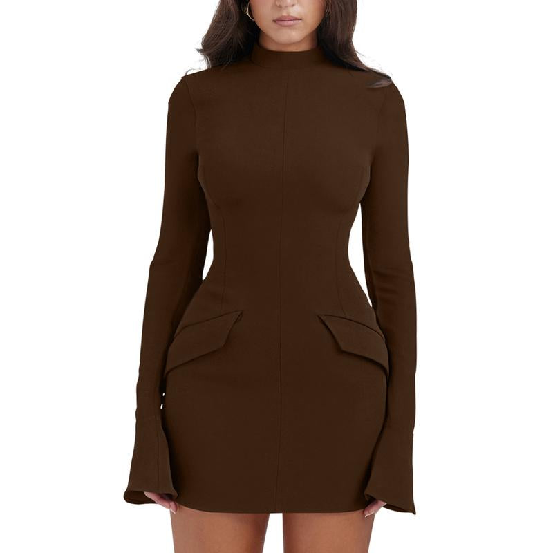 OYV Women'S Long Sleeve Mock Turtle Neck Bodycon Mini Tank Short Party Dress