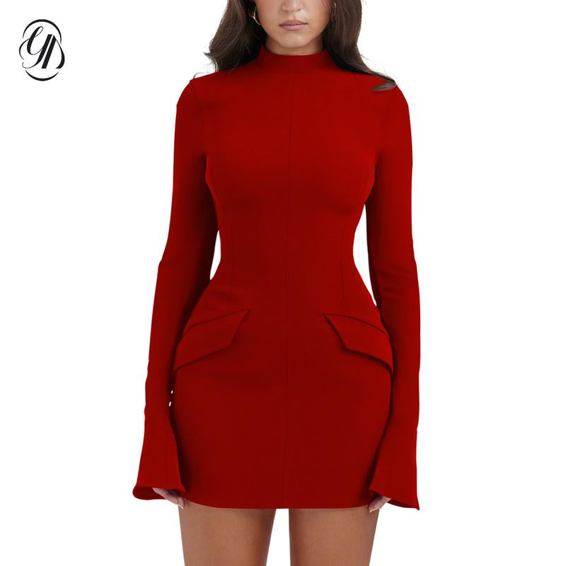 OYV Women'S Long Sleeve Mock Turtle Neck Bodycon Mini Tank Short Party Dress