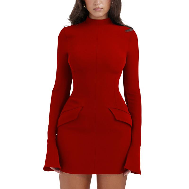 OYV Women'S Long Sleeve Mock Turtle Neck Bodycon Mini Tank Short Party Dress