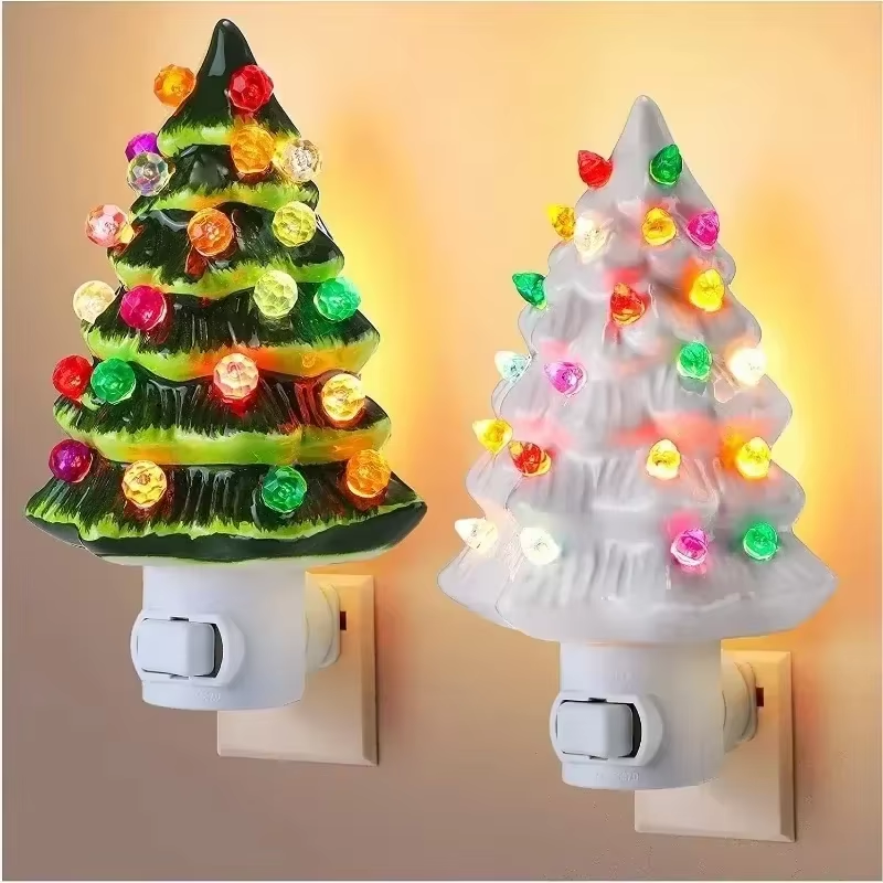 Christmas Tree LED Night Light Ceramic Decorations Vintage Green Xmas Tree Wall Plug in Night Lamp Hand Painted Nightlight