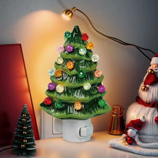 Christmas Tree LED Night Light Ceramic Decorations Vintage Green Xmas Tree Wall Plug in Night Lamp Hand Painted Nightlight