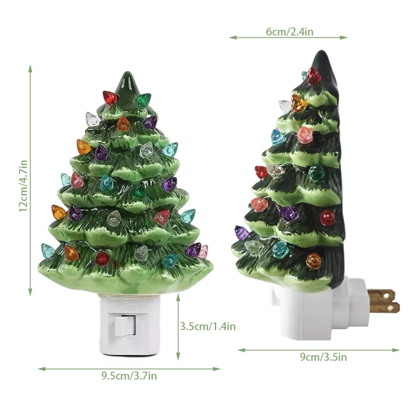 Christmas Tree LED Night Light Ceramic Decorations Vintage Green Xmas Tree Wall Plug in Night Lamp Hand Painted Nightlight