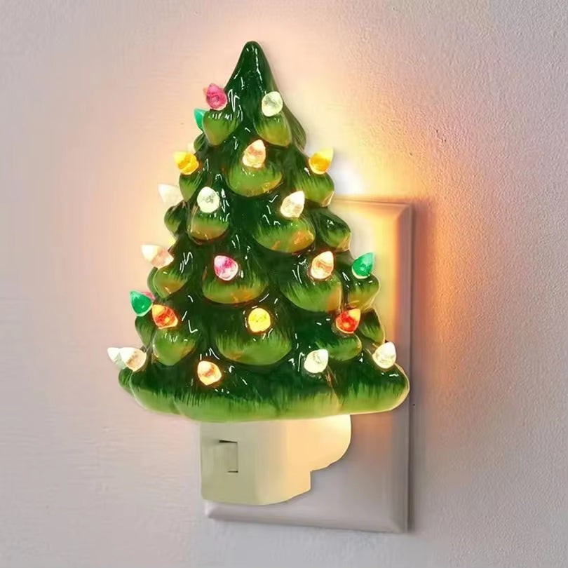 Christmas Tree LED Night Light Ceramic Decorations Vintage Green Xmas Tree Wall Plug in Night Lamp Hand Painted Nightlight