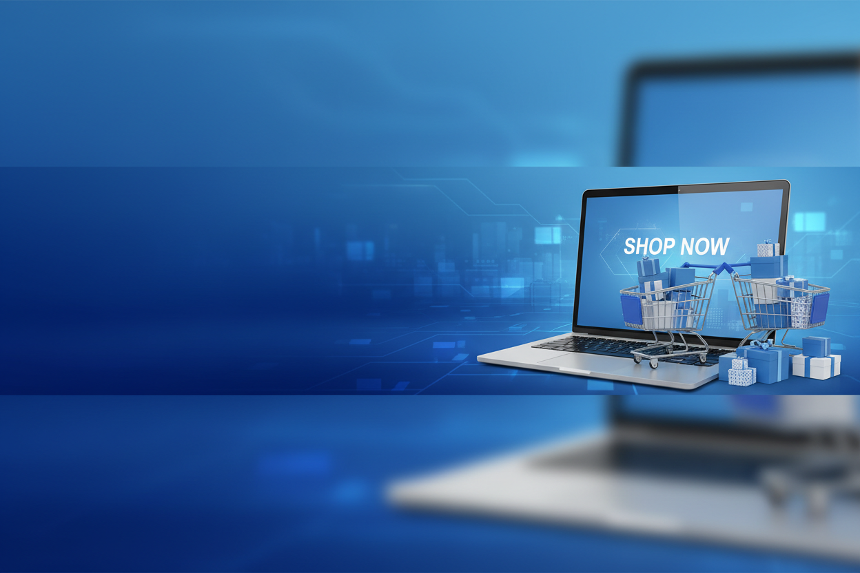 Banner sin texto con una mezcla de colores azules donde hay una computadora al costado derecho que dice shop now y al lado hay cajas y carritos de compra