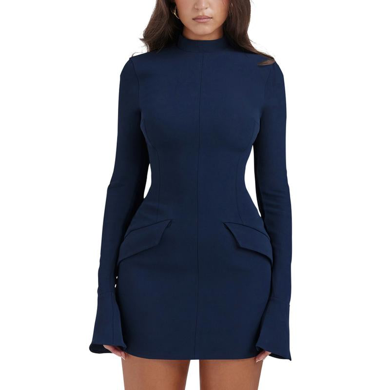 OYV Women'S Long Sleeve Mock Turtle Neck Bodycon Mini Tank Short Party Dress