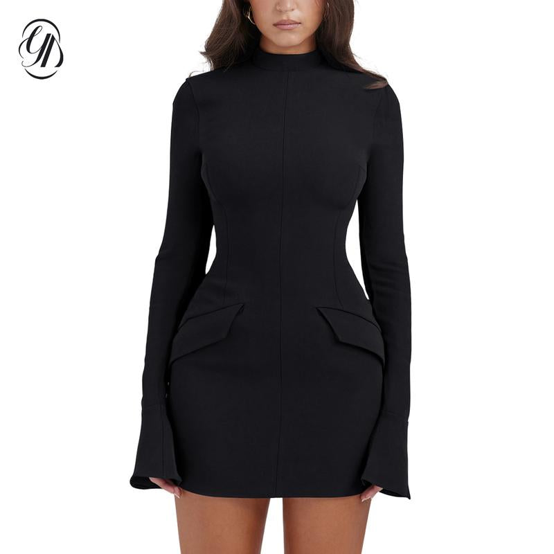 OYV Women'S Long Sleeve Mock Turtle Neck Bodycon Mini Tank Short Party Dress